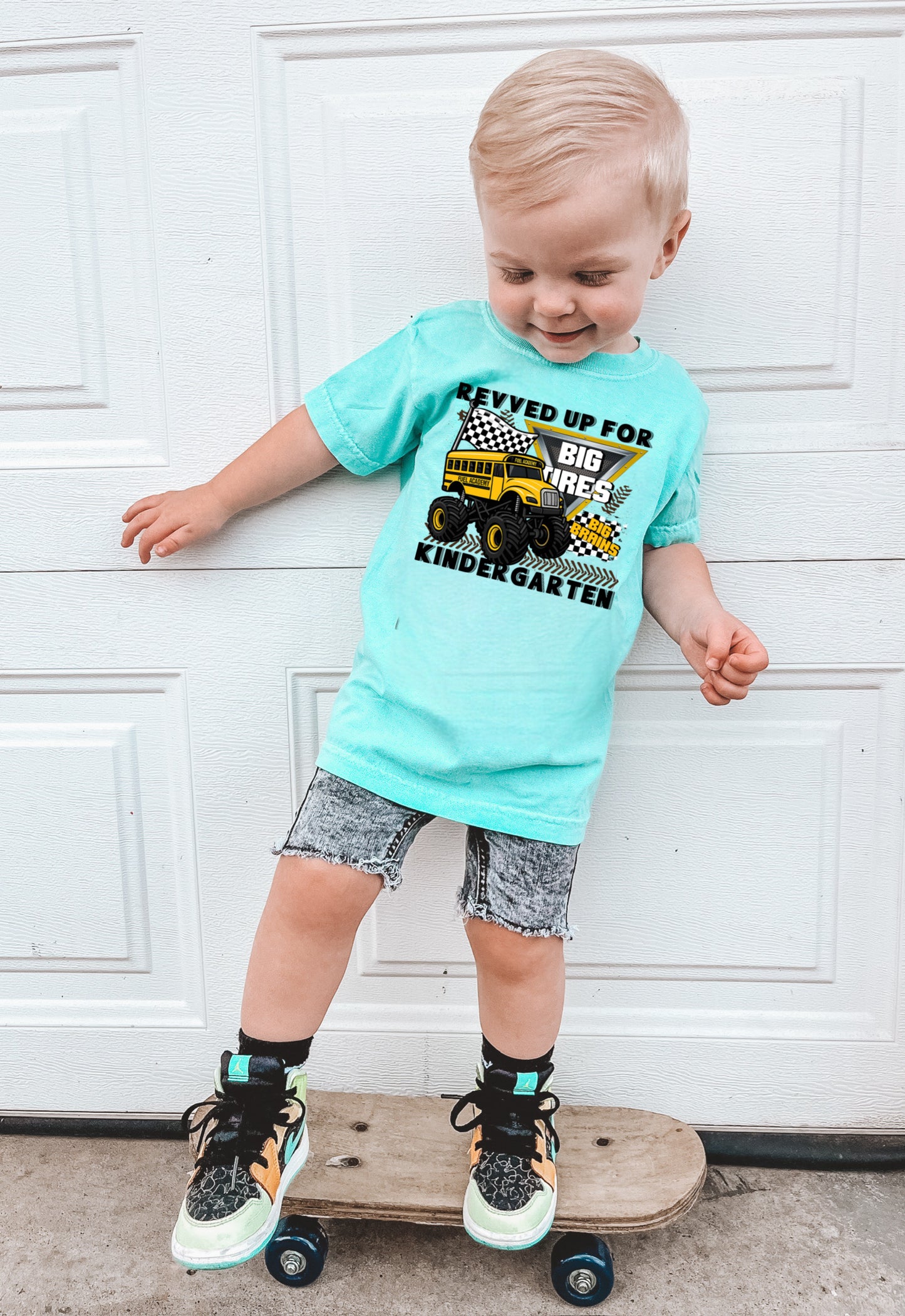 Revved up for kindergarten monster truck bus