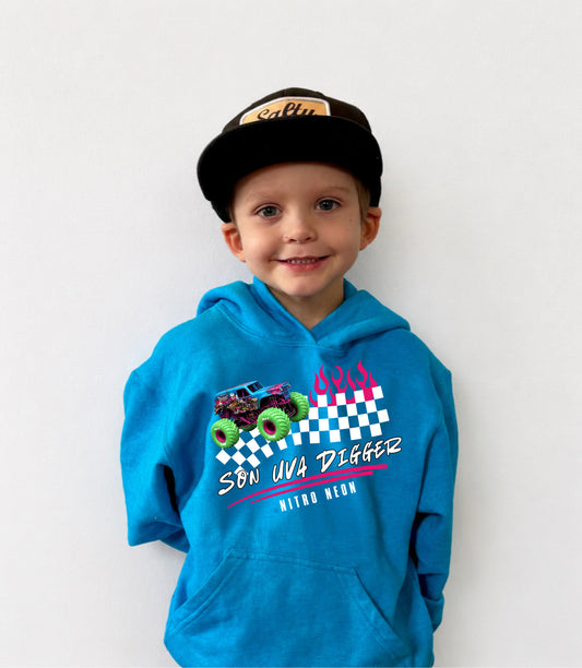Son uva digger nitro neon monster truck checkered flames hoodie