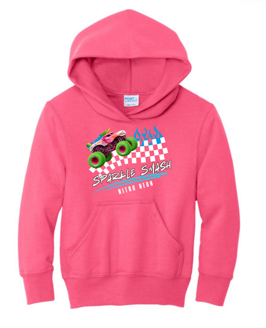 Sparkle smash nitro neon monster truck checkered flames hoodie