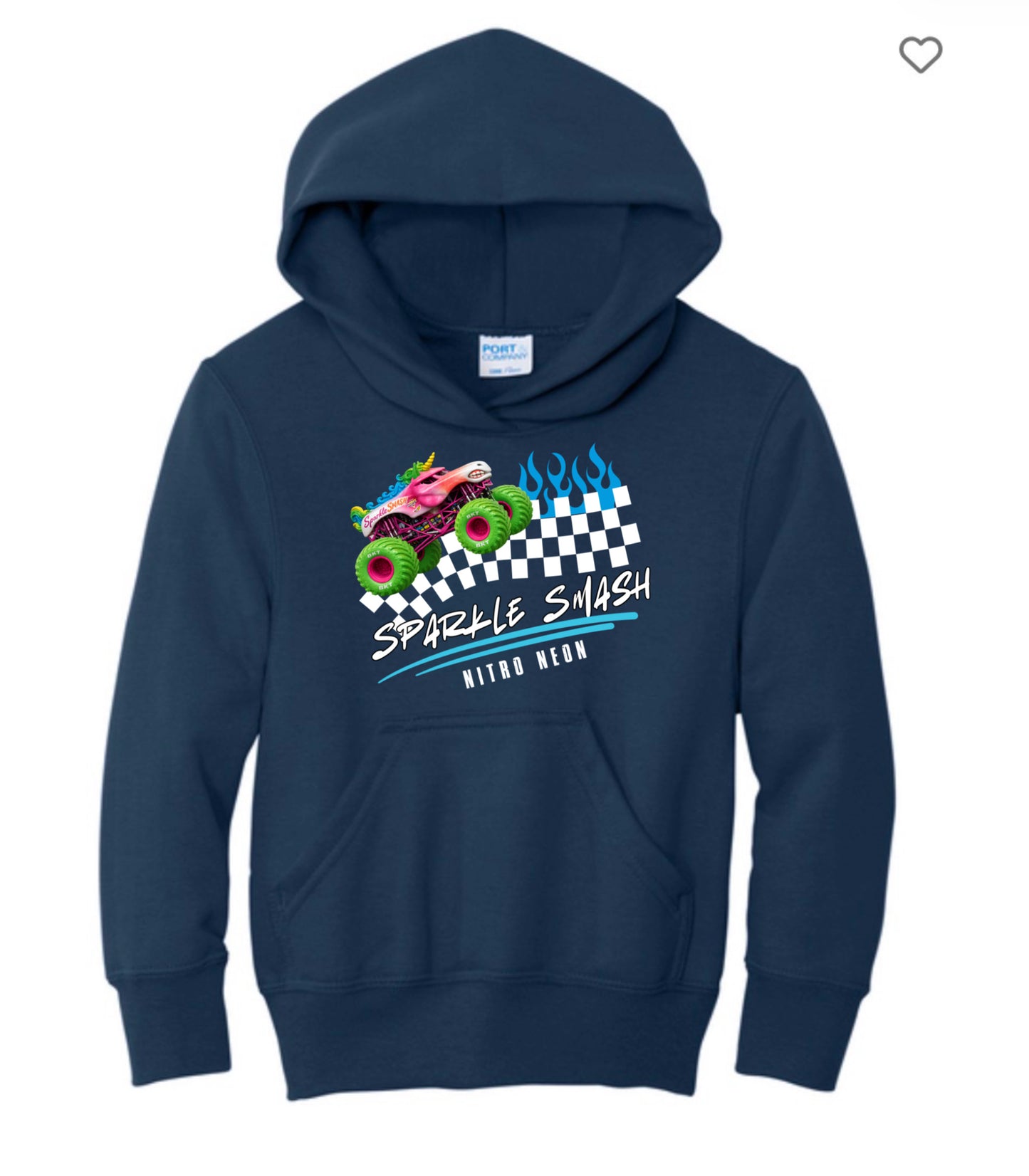 Sparkle smash nitro neon monster truck checkered flames hoodie