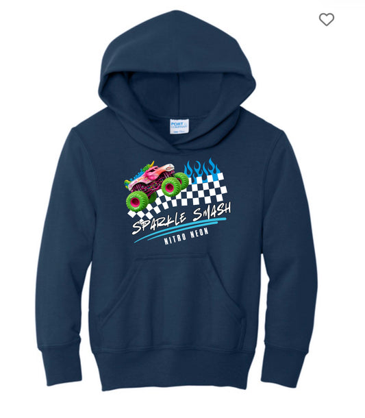 Sparkle smash nitro neon monster truck checkered flames hoodie
