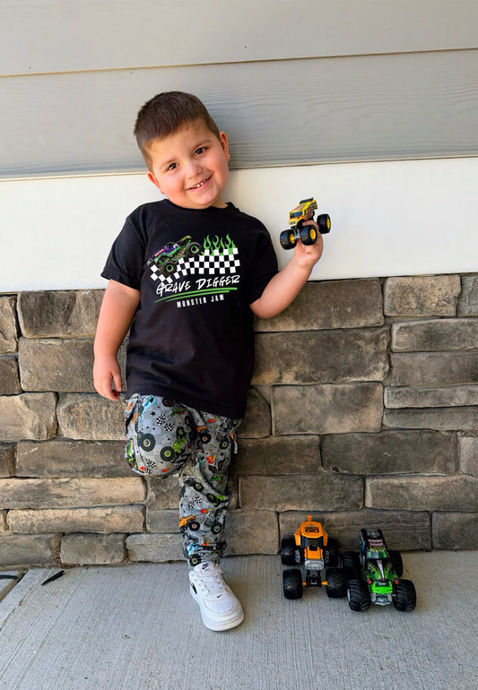 Grave digger monster truck checkered flame